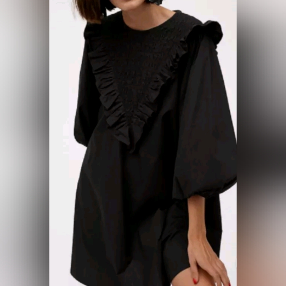 H&M Women's Black Cotton Ruffle Smocked Mini Dress | Balloon Sleeve | Medium